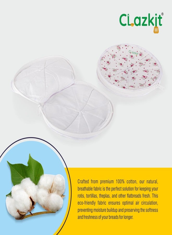 Clazkit غطاء خبز الروتي والشاباتي من كلازكيت، مصنوع من القطن، مزود بسحاب، بتصميم دائري، منديل مطبخ تقليدي، يحافظ على نضارة الروتي والشاباتي (قطعتان)، أبيض ووردي - Image 4